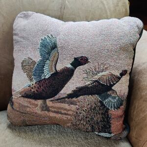 Pheasant Tapestry Throw Pillow Designer Signed 15x15 Game Bird Hunting Cabin